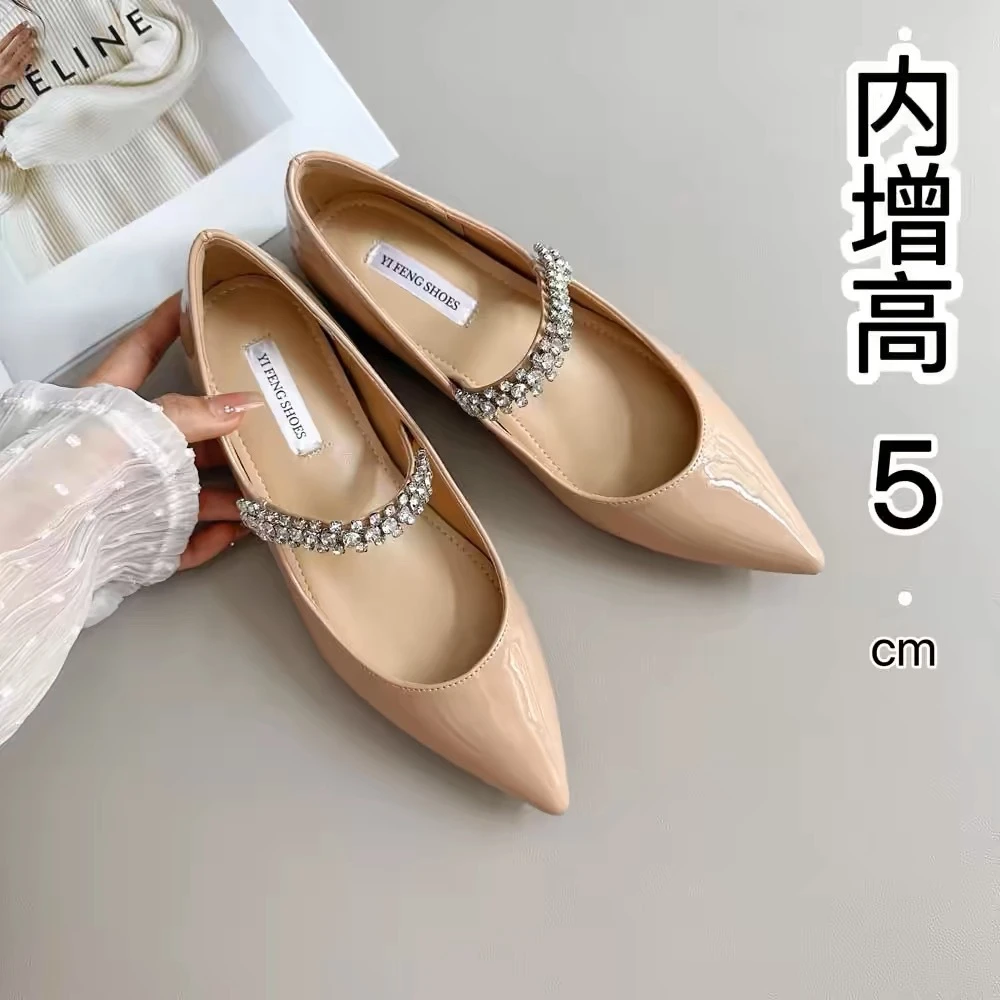 内增高5cm~法式裸色尖头浅口水钻一字带性感露趾缝仙女风平底单鞋