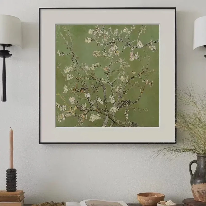 梵高杏花客厅玄关砂岩画装饰画名画餐厅走廊卧室横版挂画