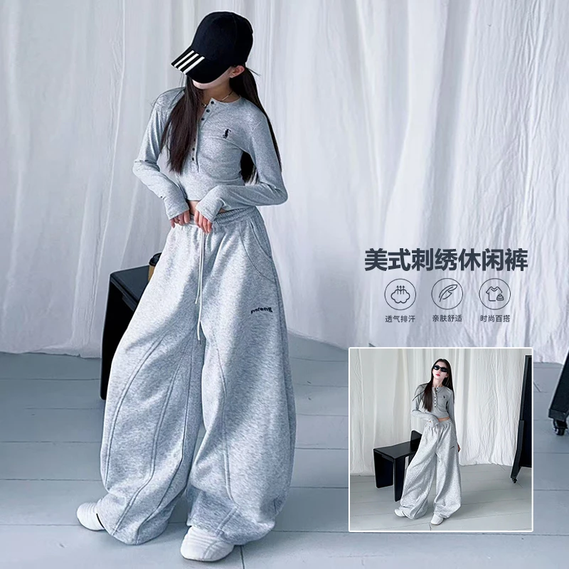 2025秋女童时尚洋气美式刺绣透气休闲百搭弯刀裤套装-86366835