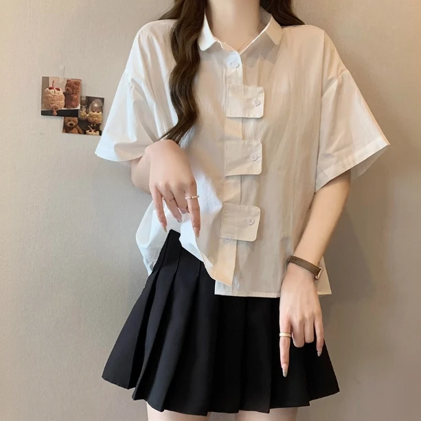 【9905】别致设计感纽扣宽松显瘦衬衫女纯色大码女装休闲遮肚子上衣