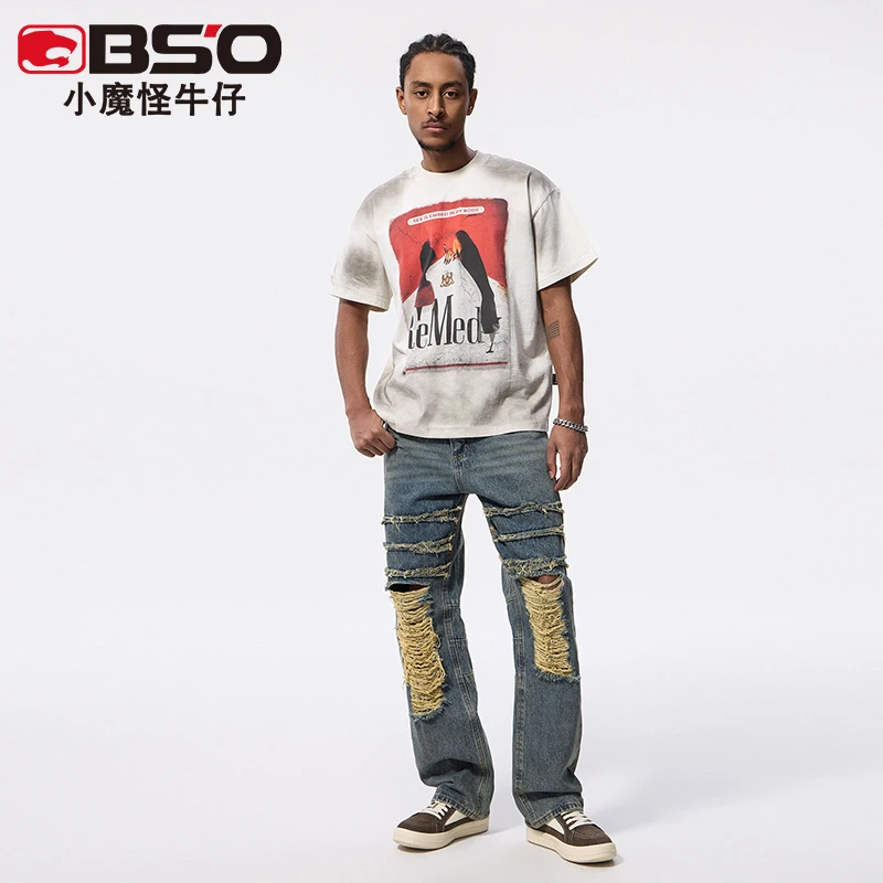 小魔怪2025春季新款美式复古潮牌高街宽松直筒破洞牛仔裤男生长裤