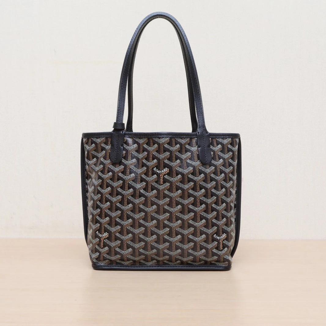 99新 Goyard 双攀-双面购物袋 Mini 20 黑 皮革C/帆布 银扣