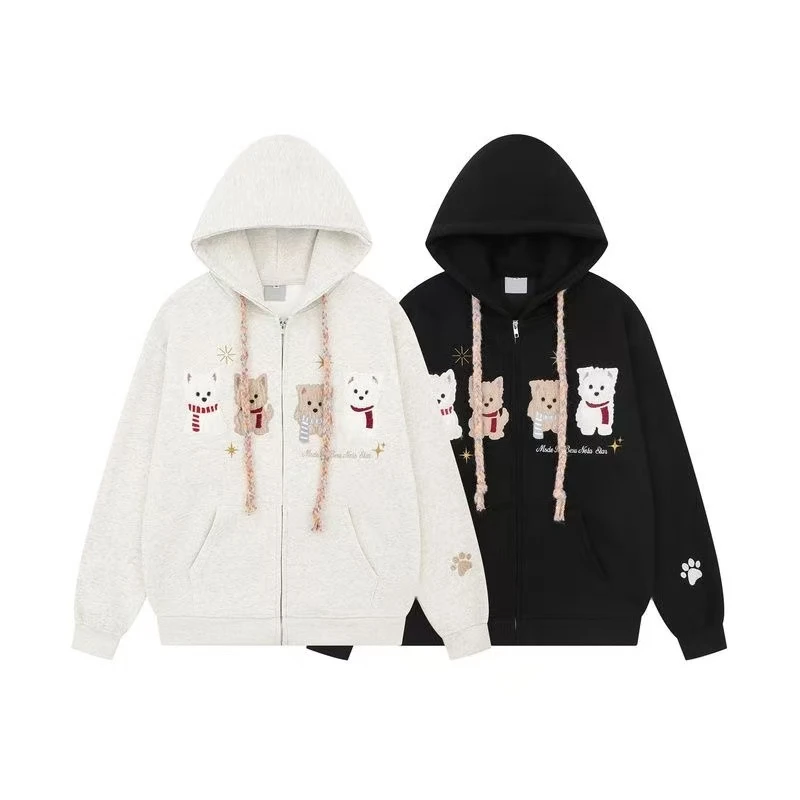 新款四只小狗毛绒刺绣开衫连帽卫衣女秋冬款宽松学院风休闲外套