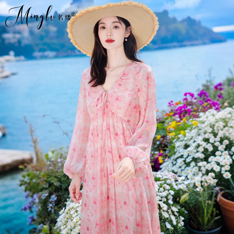 仙女裙收腰显瘦2025碎花连衣裙女夏季法式气质雪纺长裙海边沙滩裙