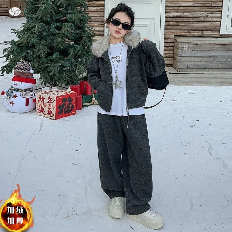 女童加绒套装2025年冬季新款中大儿童韩系大毛领外套阔腿裤两件套