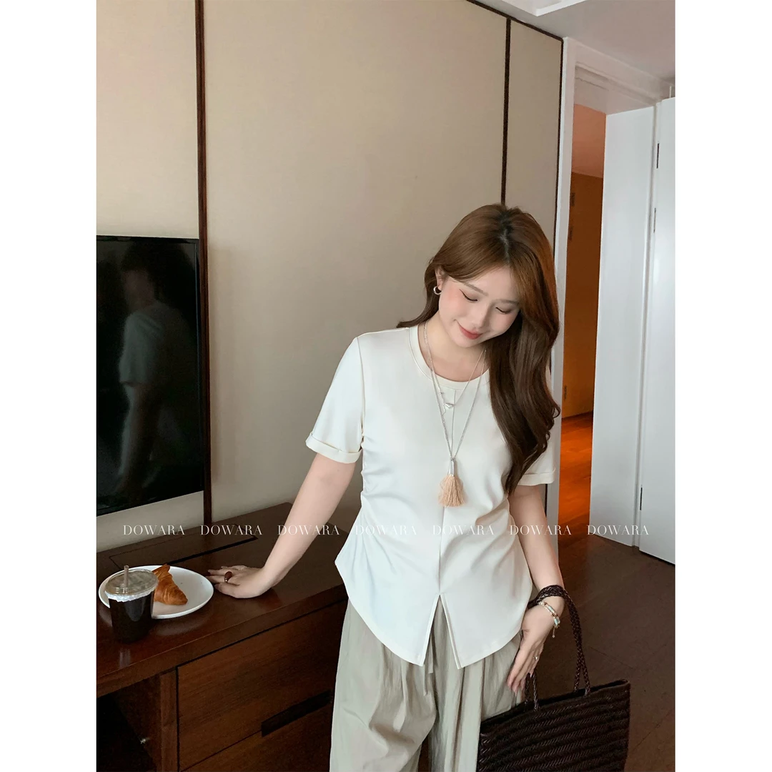 现货大婉酱微胖定制夏季设计感褶皱收腰短袖t恤气质显瘦上衣6870D