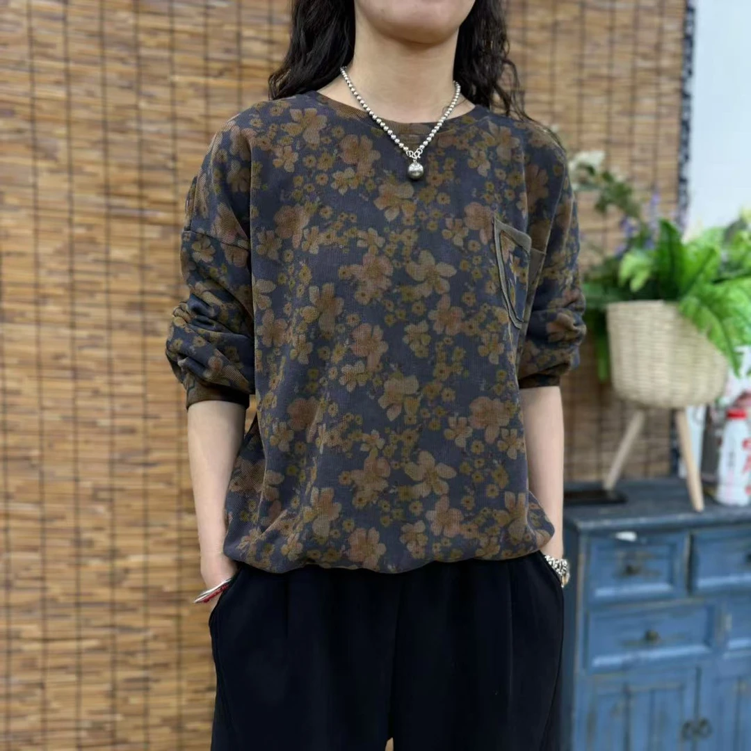 8693春季新款优雅减龄时尚碎花长袖T恤宽松