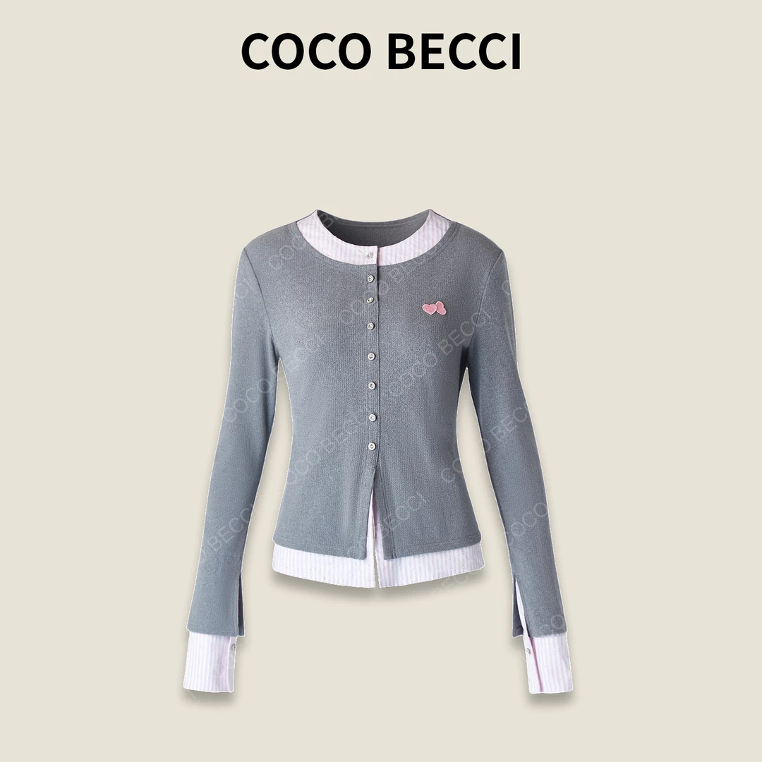 COCO BECCI【韩系假两件】灰色针织上衣YT25YSU140003