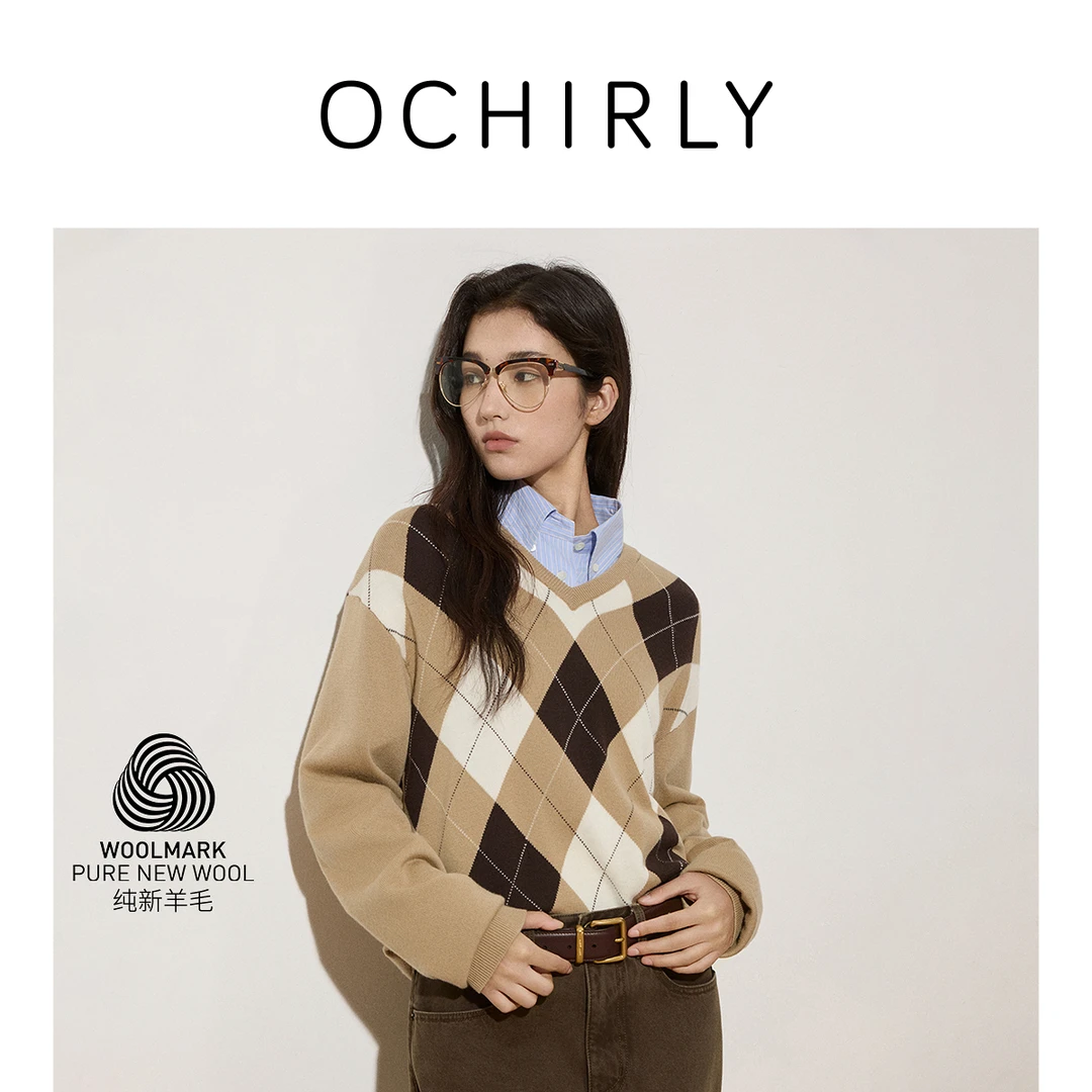 【Woolmark认证】OCHIRLY欧时力 100%羊毛菱格毛衣女2025秋季新品
