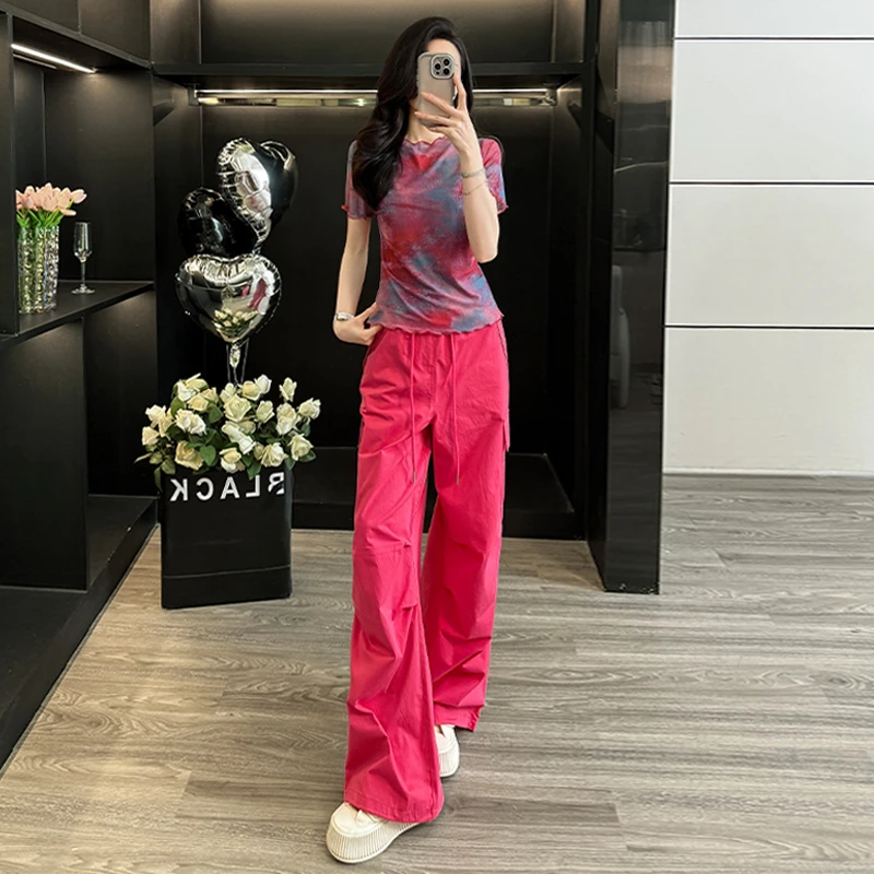 高级感时尚休闲套装女夏2025新款显瘦网纱印花短袖T恤阔腿裤两件