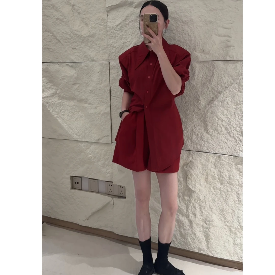 GJC【高级丑定制系列】港风复古暗红瘦腰显瘦衬衣两件套