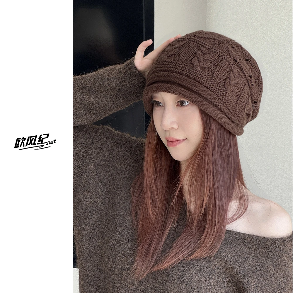 毛线帽子女款秋冬季2025新款大头围宽松堆堆帽手工卷边保暖针织帽