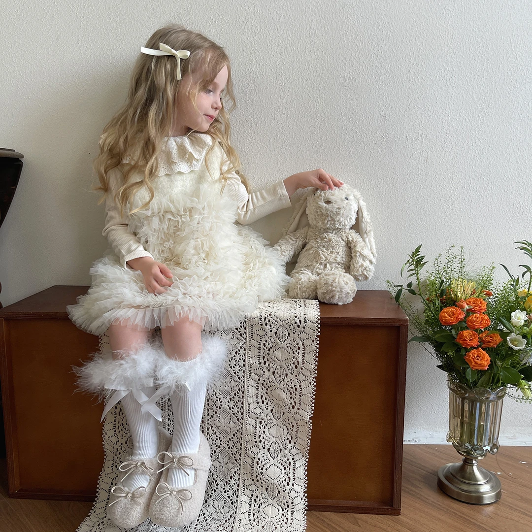 新品设计师款手缝羽毛花边蝴蝶结可爱女中筒小腿堆堆袜女