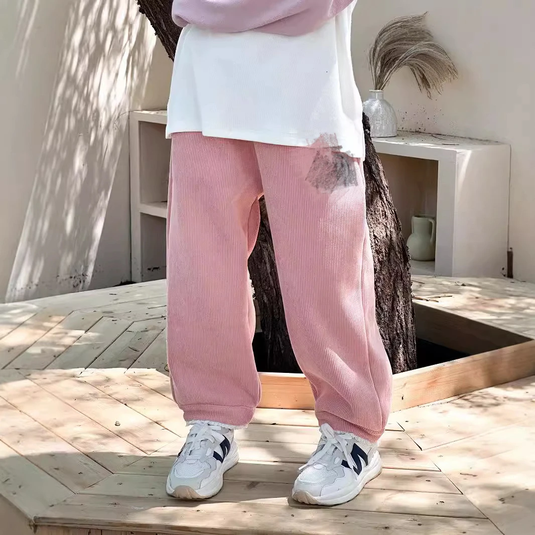 24033秋季儿童新款秋冬卫裤女童公主休闲条绒刺绣花边束脚长裤