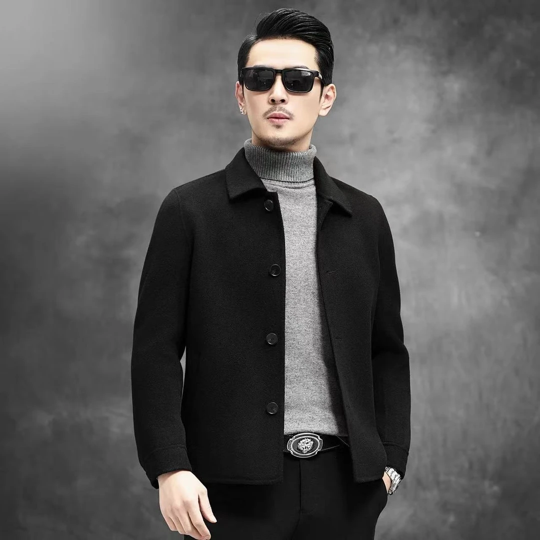 秋冬新款100%羊毛男士翻领双面呢夹克羊毛呢子大衣短款无羊绒外套