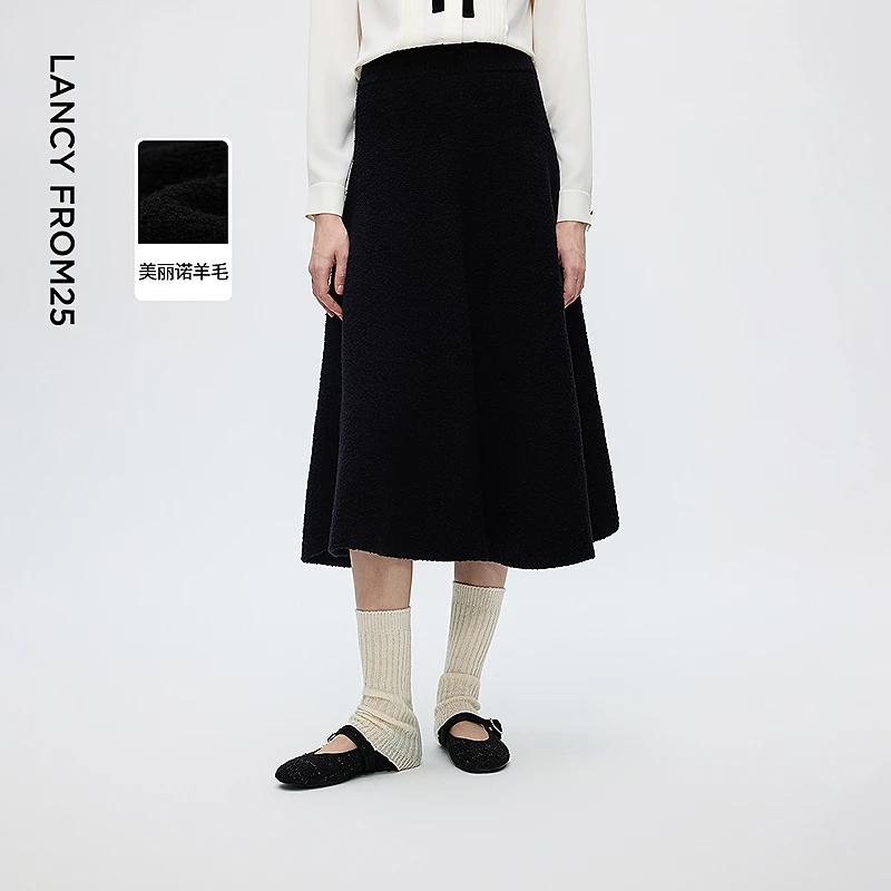 朗姿美丽诺羊毛高腰A型针织裙通勤风气质百搭半裙女2025冬季新款