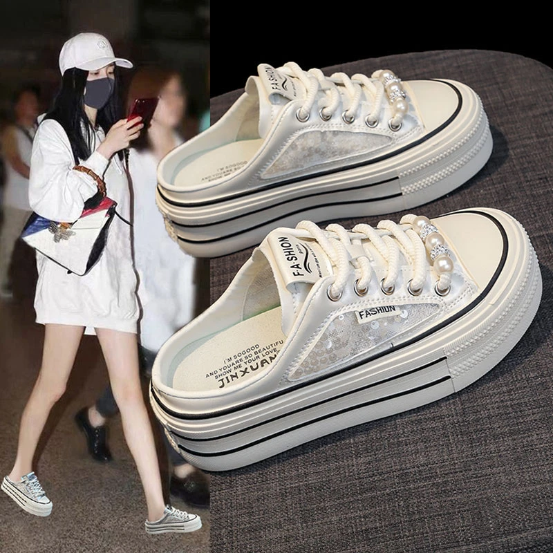 珍珠刺绣帆布半拖女2025年新款夏外穿厚底一脚蹬包头无后跟小白鞋