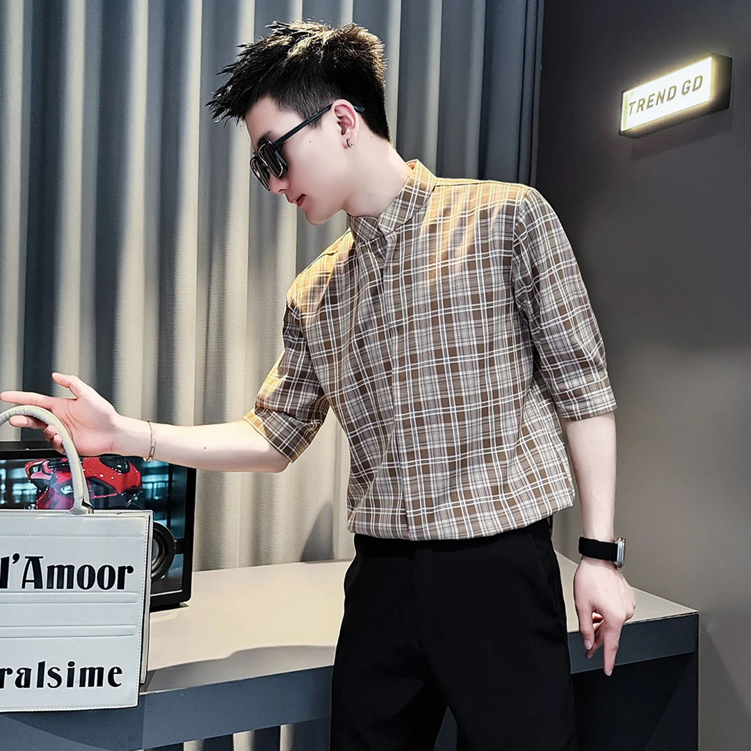 追属男士立领短袖痞帅格子衬衫潮牌高级感休闲衣服男新款爆款衬衣