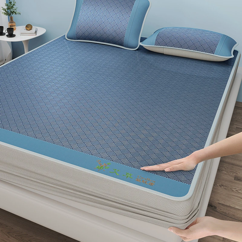 床笠款艾草驱蚊冰丝凉席家用1.8双人冰丝席子三件套学生宿舍0.9m