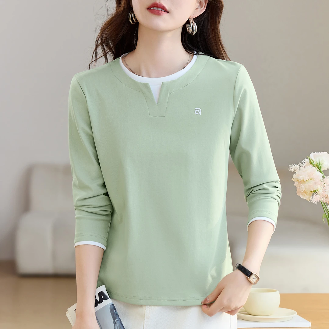 精梳棉打底衫正肩小宽松遮肉显背薄秋季洋气长袖t恤休闲圆领女装