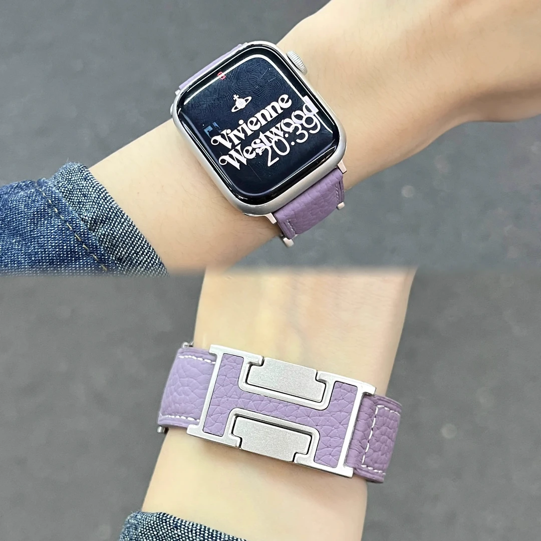 iwatch表带真皮配件荔枝纹H磁吸扣适用苹果手表s1098se新款小众