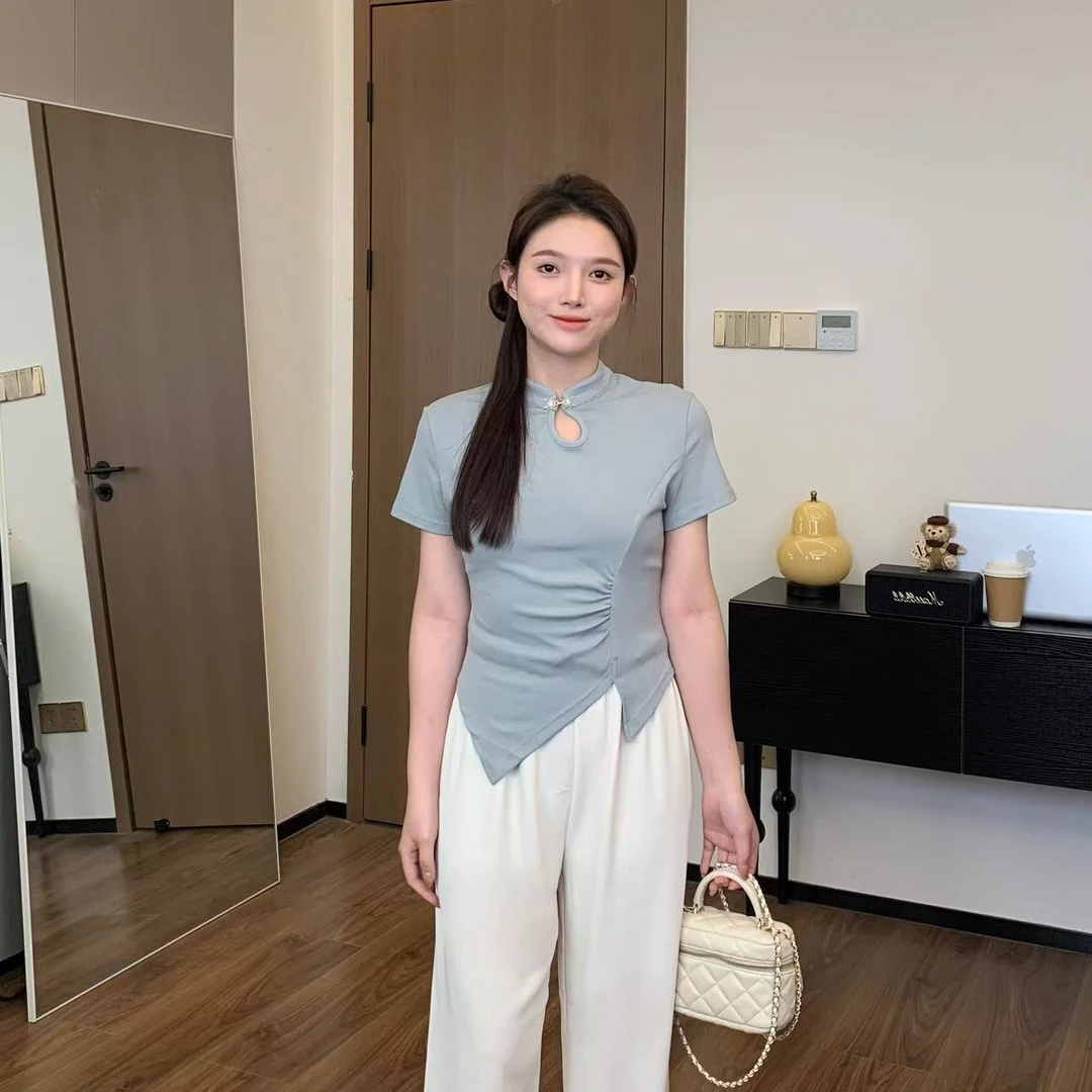 【折扣】小羽酱小个子定制新中式国风短款不规则收腰短袖T恤3808