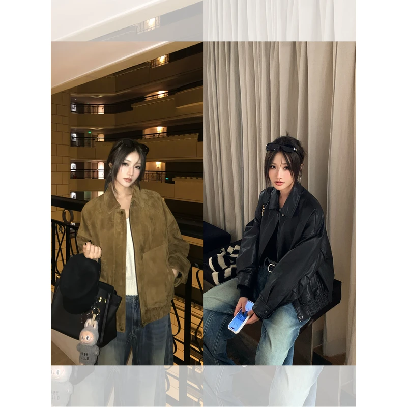 左边女装休闲皮夹克上衣外套2025秋冬新款黑色绵羊皮真皮鹅绒服