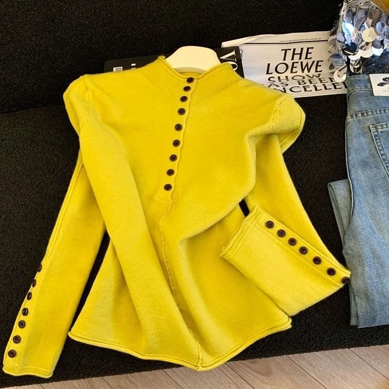 【80-200斤】撞色半高领长袖针织上衣女秋冬设计感纽扣别致漂亮小衫