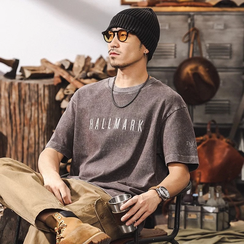 @放牧火星 水洗重磅T恤男美式复古纯棉短袖夏季2025新款潮牌宽松