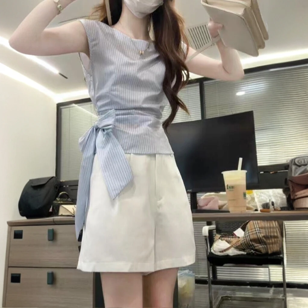 夏季韩系轻职风通勤一整套蝴蝶结荡领无袖条纹衬衫白色A字阔腿裤