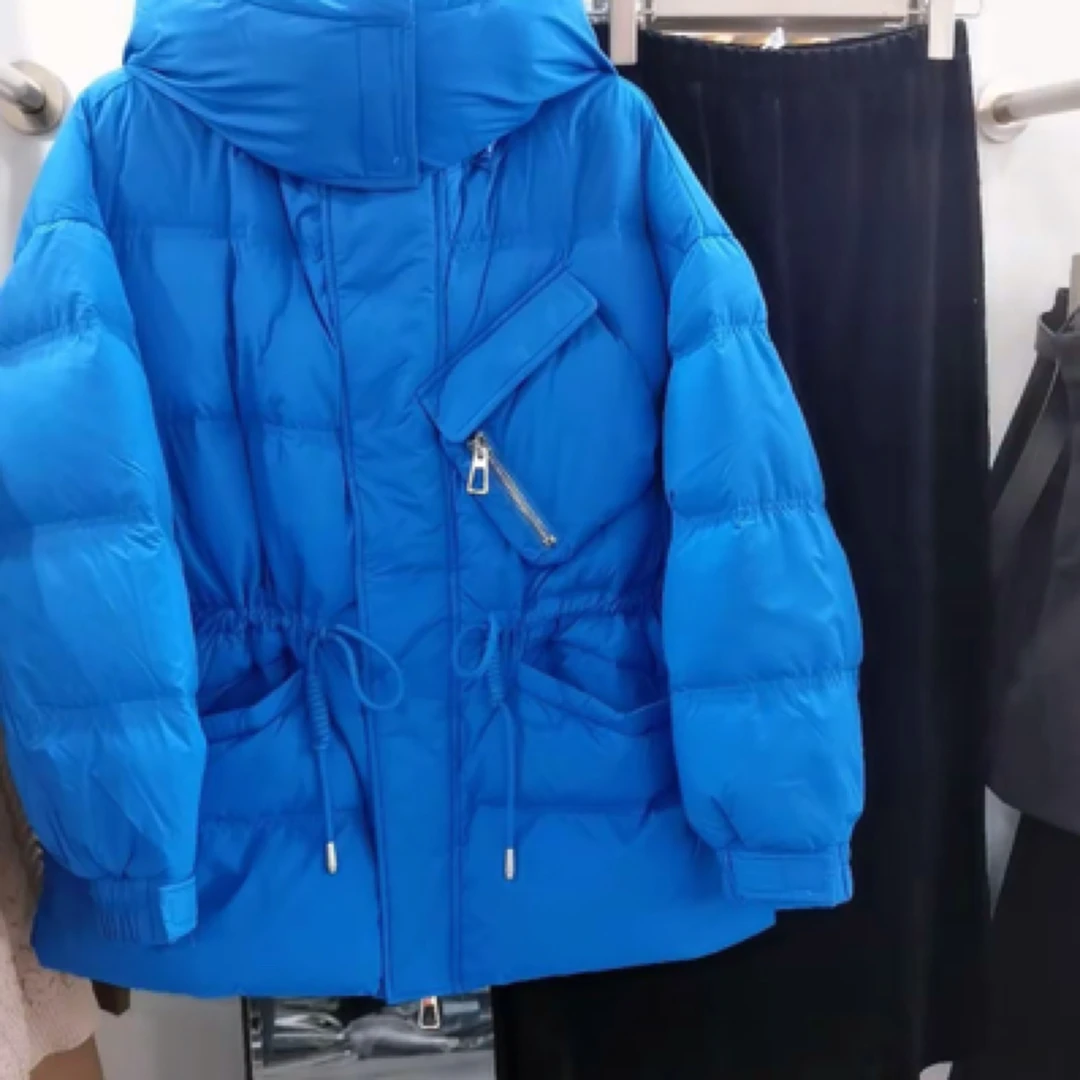 09009长款棉服时尚抽绳克莱因蓝连帽收腰