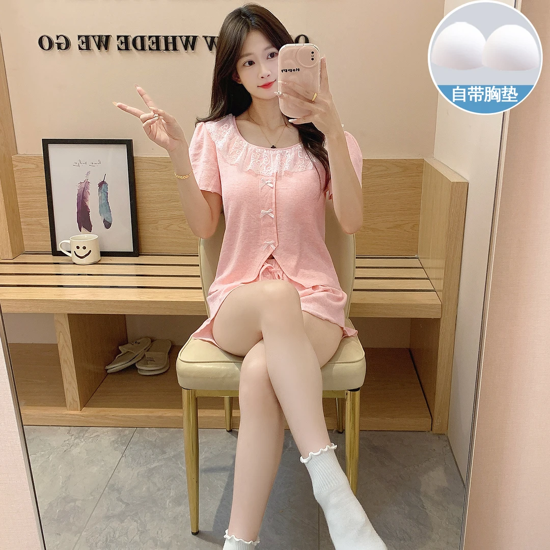夏季睡衣女纯棉100%蕾丝花边一体式胸垫短袖短裤家居服套装可外穿