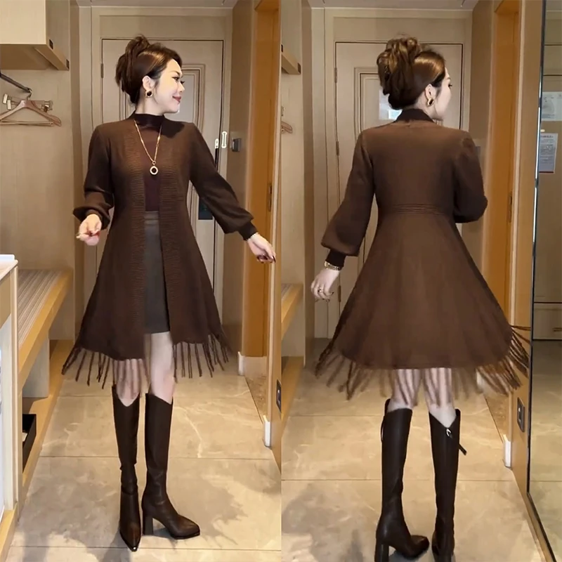 拉夏贝尔流苏披肩中长款新款上衣针织2025年贵妇风春秋季外套开衫