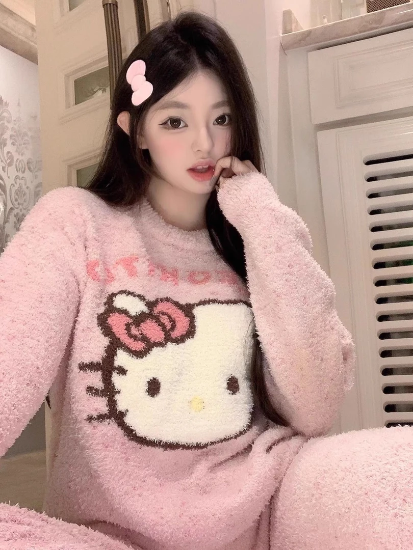软绵绵kitty猫半边绒日系甜美加厚加绒保暖家居服睡衣少女家居服