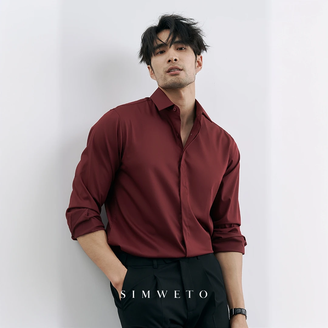 夏季老钱风 绅士温莎领高级感免烫衬衫红色男士商务修身黑色衬衣