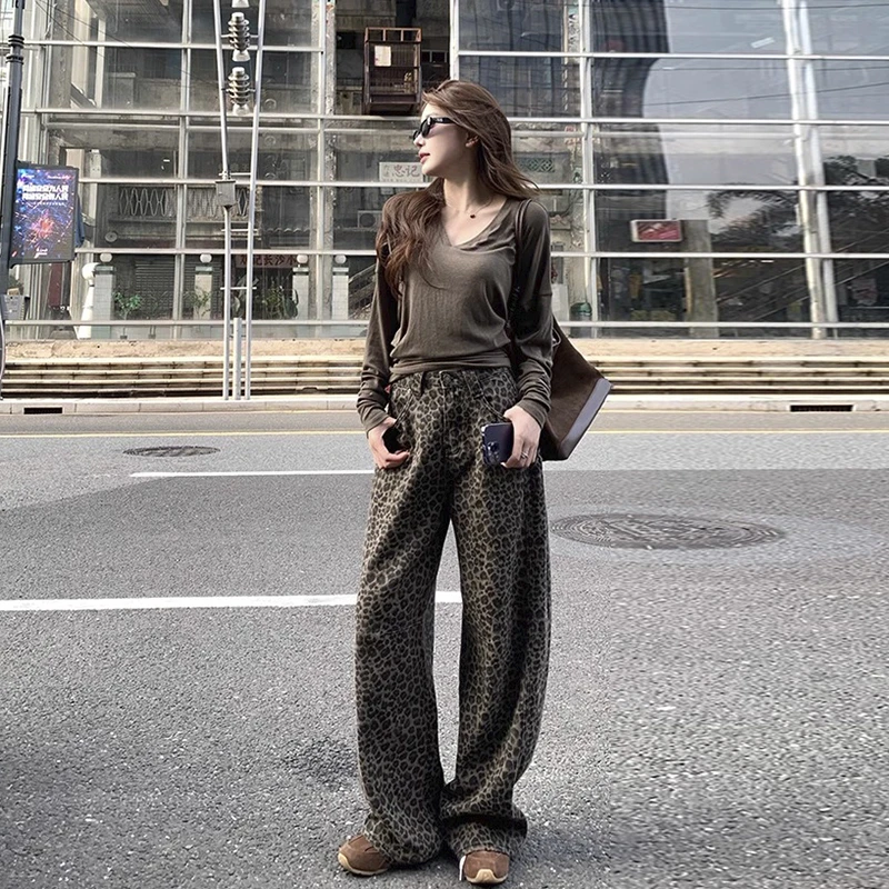 裤长110cm 豹纹牛仔裤女高腰窄版阔腿裤秋冬加绒辣妹高个子裤子潮