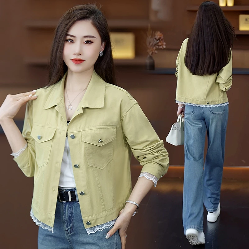 春秋韩版纯色工装夹克女2025秋季新款宽松显瘦蕾丝拼接翻领短外套