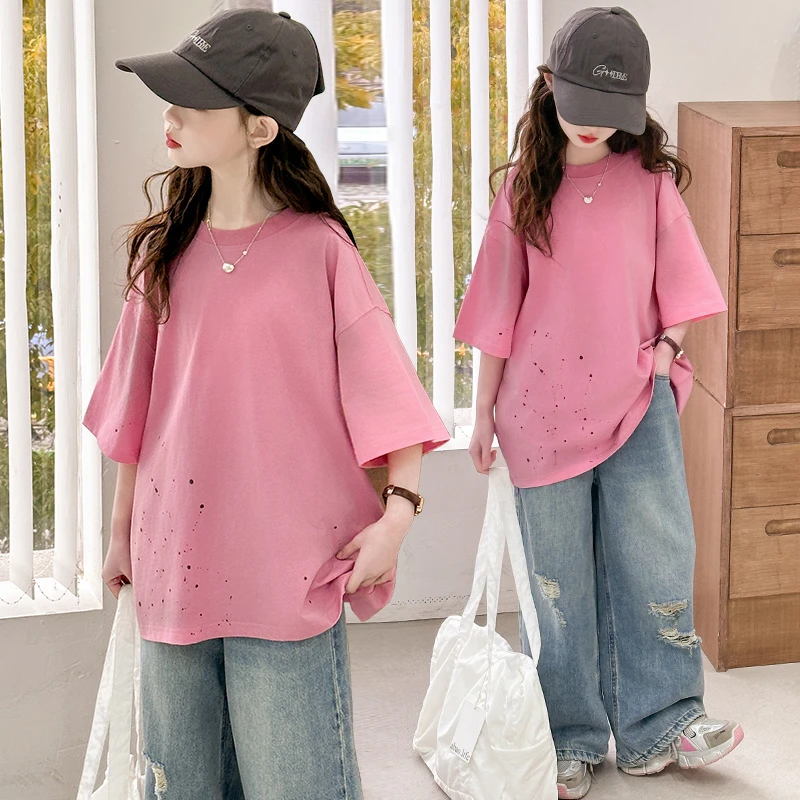 女童夏季短袖套装2025新款洋气大童夏装休闲T恤儿童牛仔裤两件套t