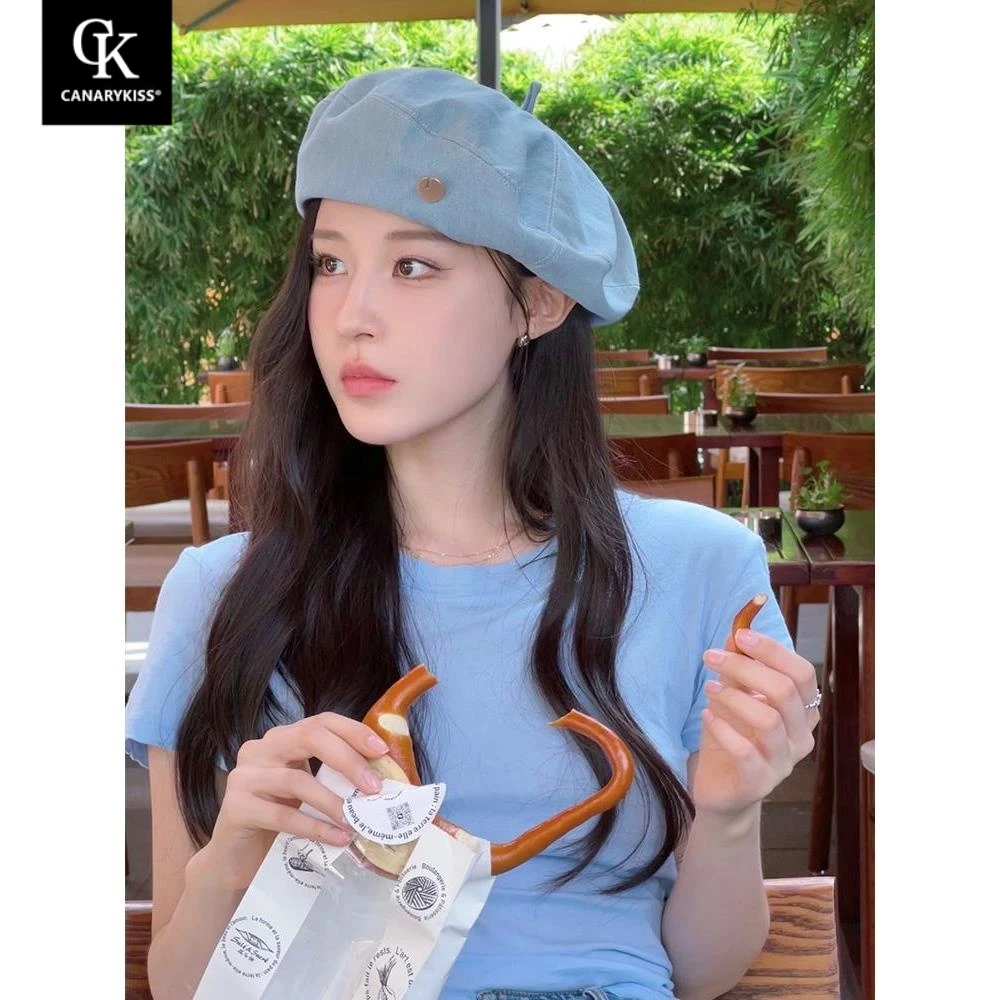 Canary Kiss蓝色牛仔贝雷帽女大头围蓓蕾帽子显脸小文艺画家帽秋