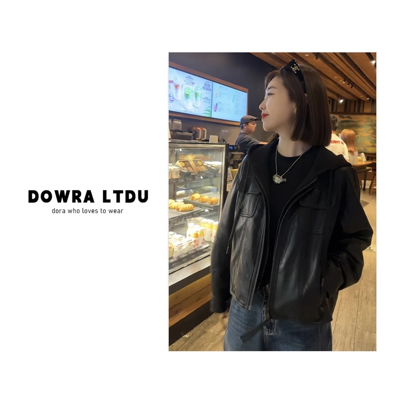 朵拉【自由旅者】2025年秋季新款纯色连帽百搭长袖皮衣外套 147-337