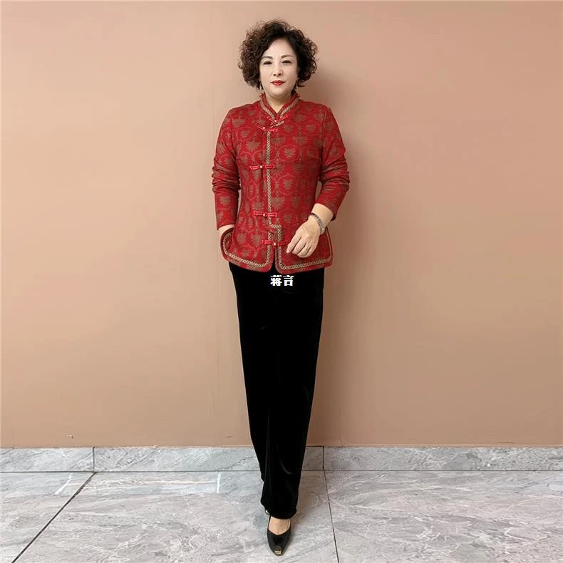 秋冬裤子外套弹力国风装加绒绒一体显瘦上衣套装开衫旗袍妈妈80