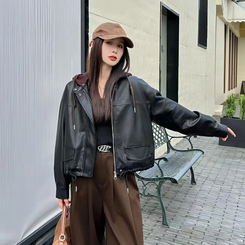 加绒加厚蛋白软皮休闲款皮衣外套休闲欧货针织帽可拆卸抽绳显瘦