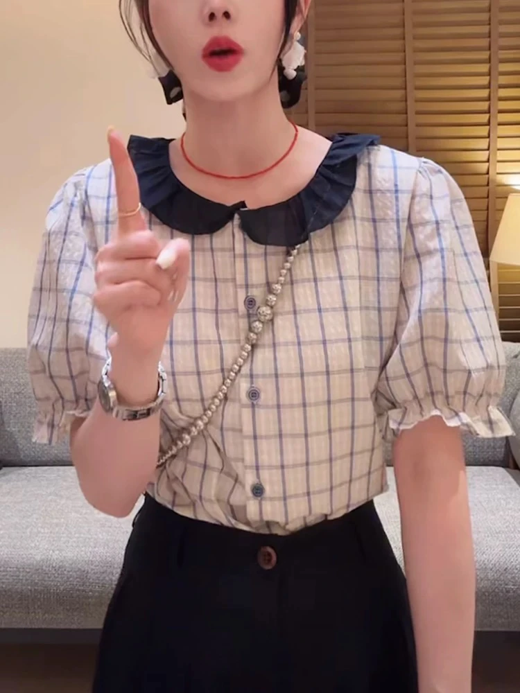 撞色格子娃娃领短袖衬衫女夏季时尚洋气显瘦百搭小衫