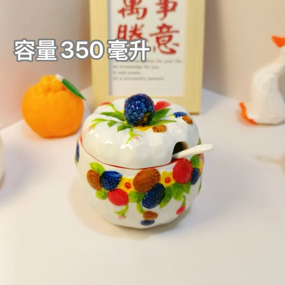 陶瓷新中式珐琅瓷手绘釉下彩树莓调料罐350毫升