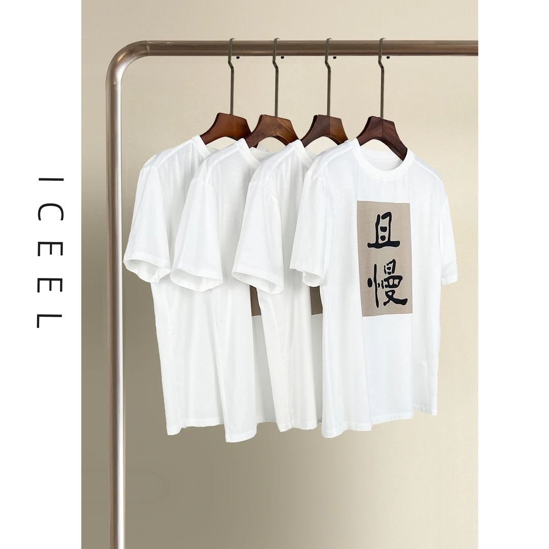 原创高档白色短袖T恤女款纯棉印字宽松中性风简约基础款上衣百搭