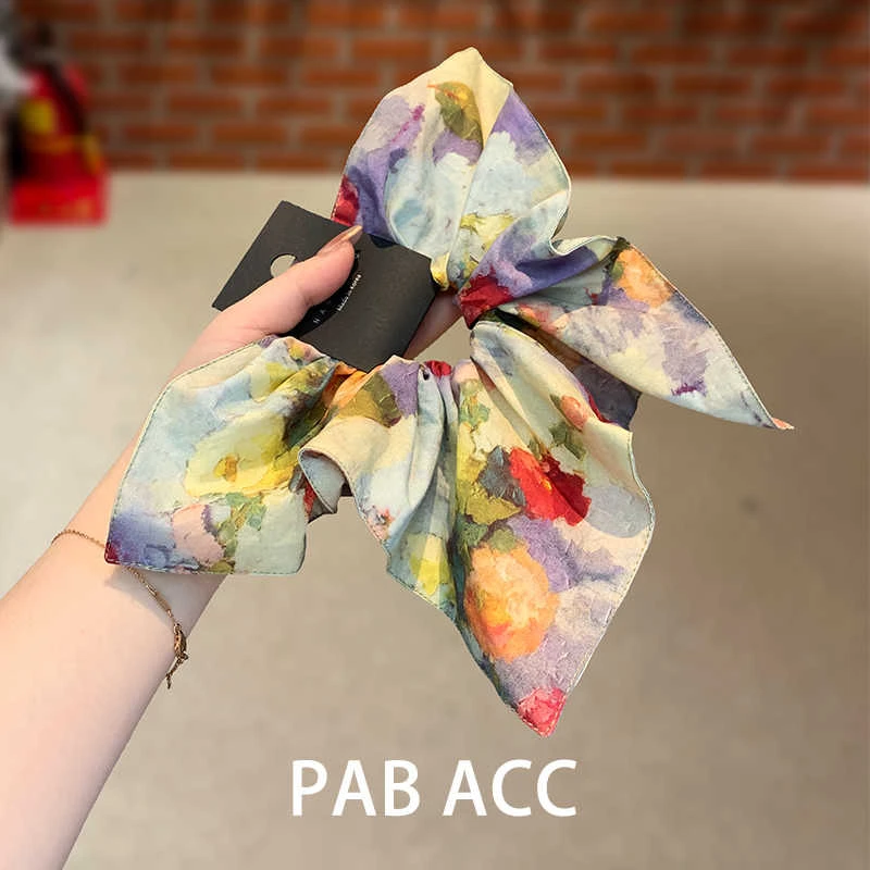 复古油画森系宽边方巾肥肠圈晕染韩国显白亮色吸睛高弹橡皮筋发圈