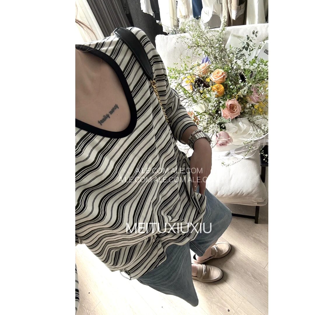 【阿乐家】大码微胖“本期必入"柔软高棉圆领条纹撞色长袖T恤