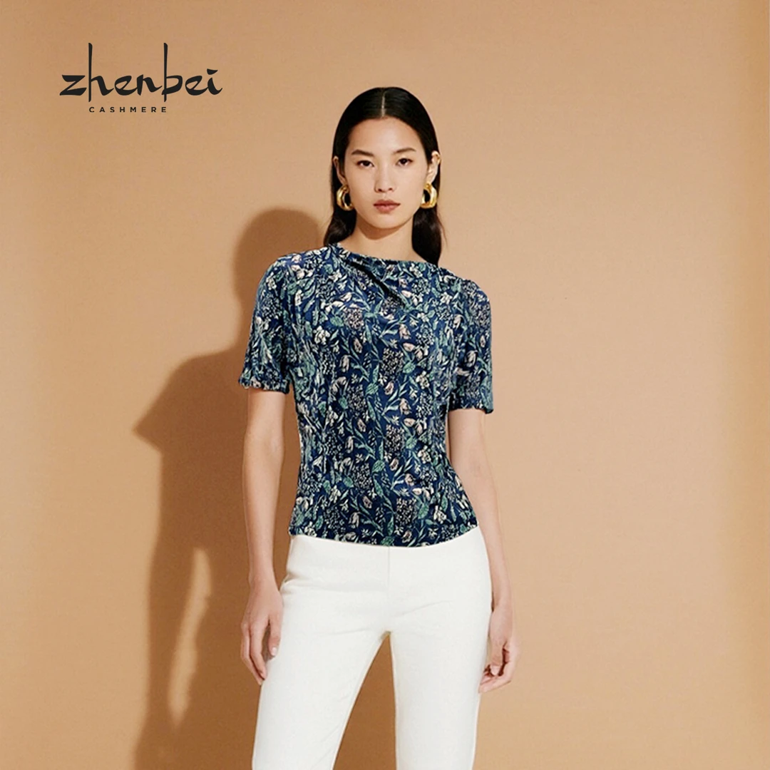 ZB/珍贝春夏新款桑蚕丝自由领女短袖/出街衣服H104185