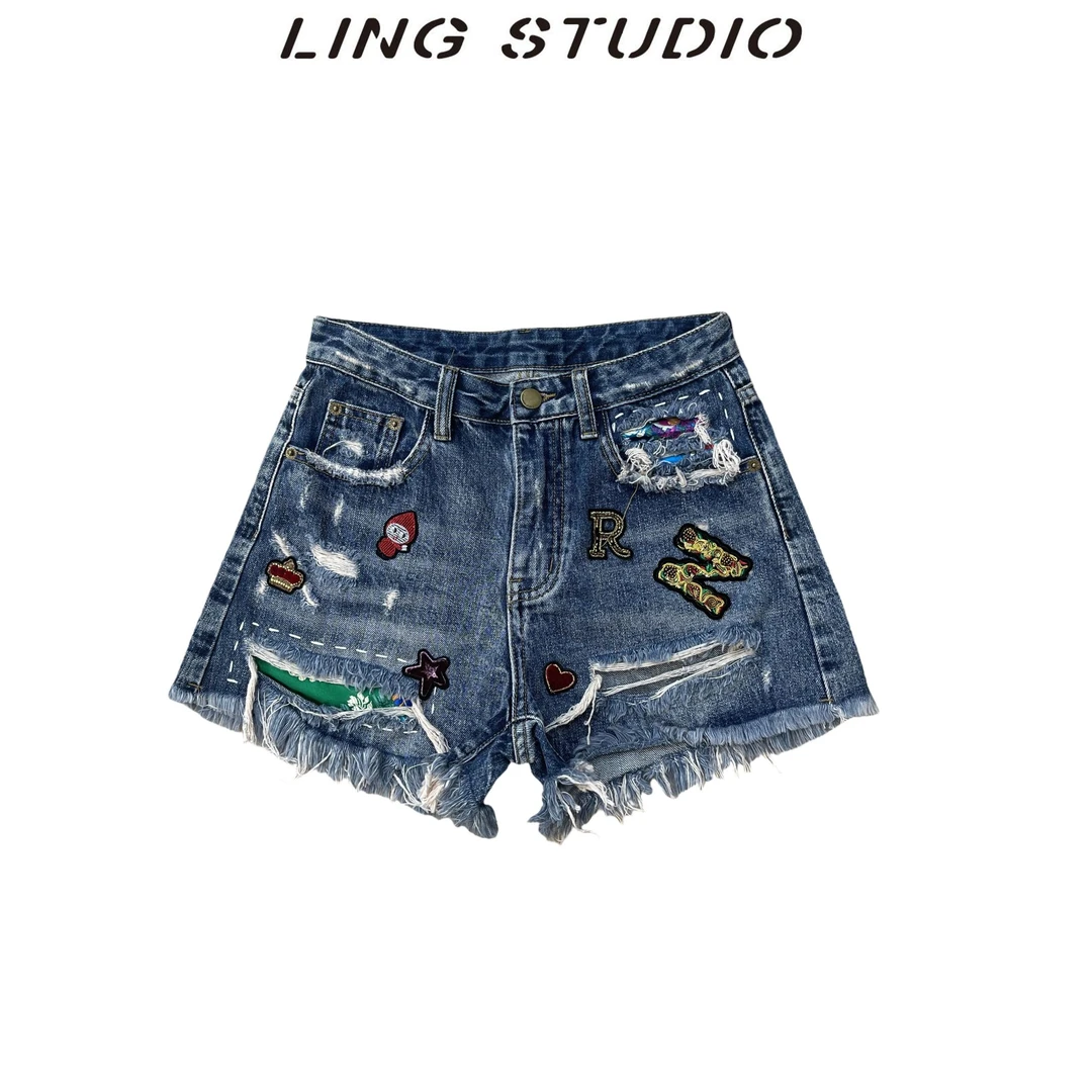4122190-零零『』2024年夏季新款纯色破洞流苏显瘦牛仔短裤