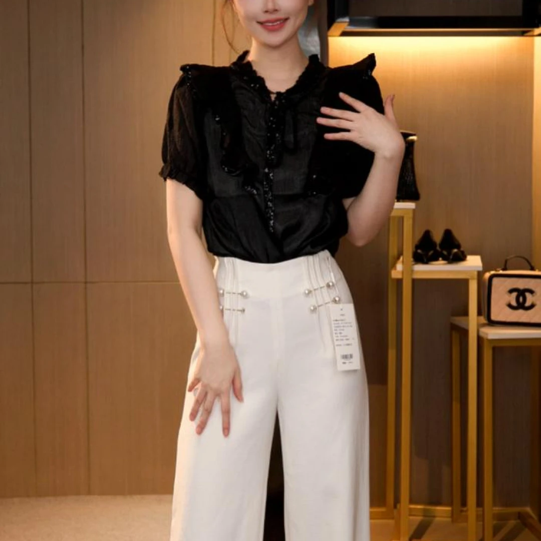 L4X1900 法式复古显瘦气质琉璃双绉丝T恤上衣